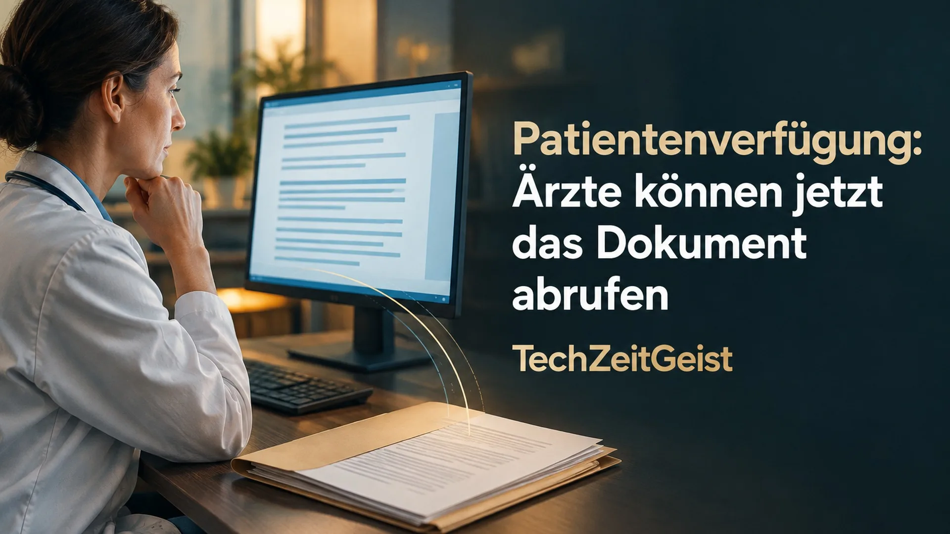 Ärztin am Computer mit Dokumenten und Artikelüberschrift.