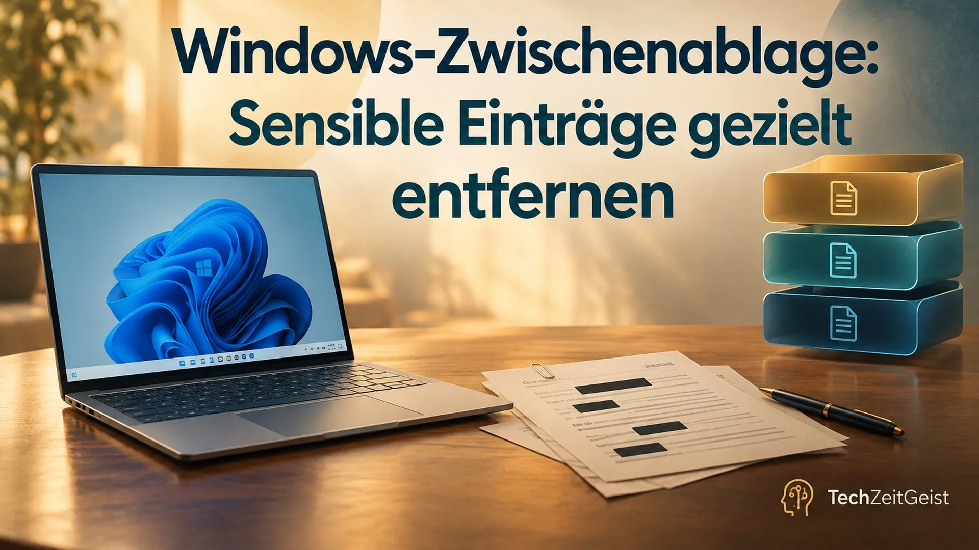 Neutraler Windows-Laptop auf einem Tisch, daneben Papierzettel mit verdeckten persönlichen Daten, abstrakte drei Ablagefächer ohne reale Oberfläche.