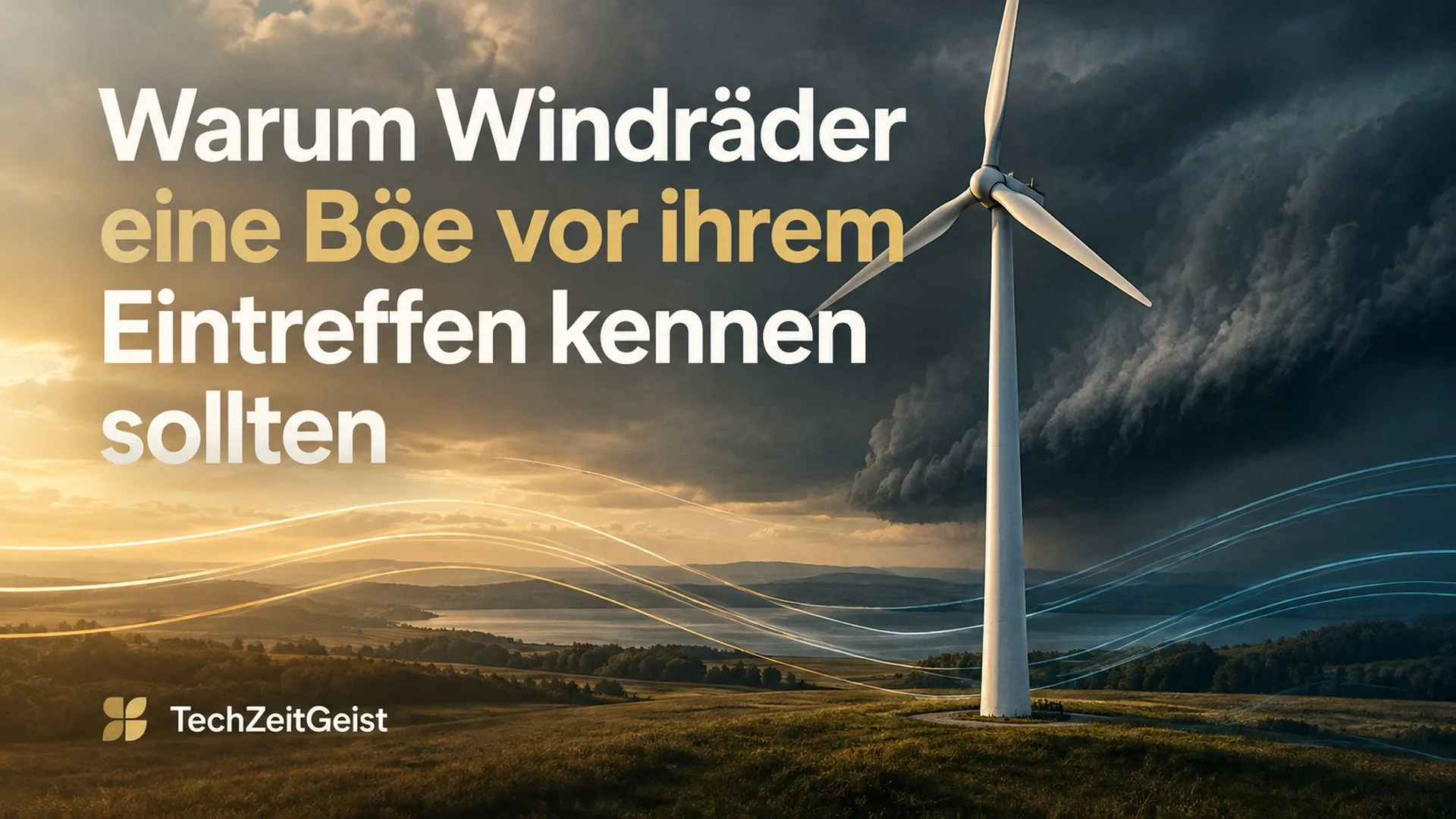 Ein neutrales großes Windrad vor einer heranziehenden dunklen Wetterfront, ruhige Windströmungslinien im Vordergrund.