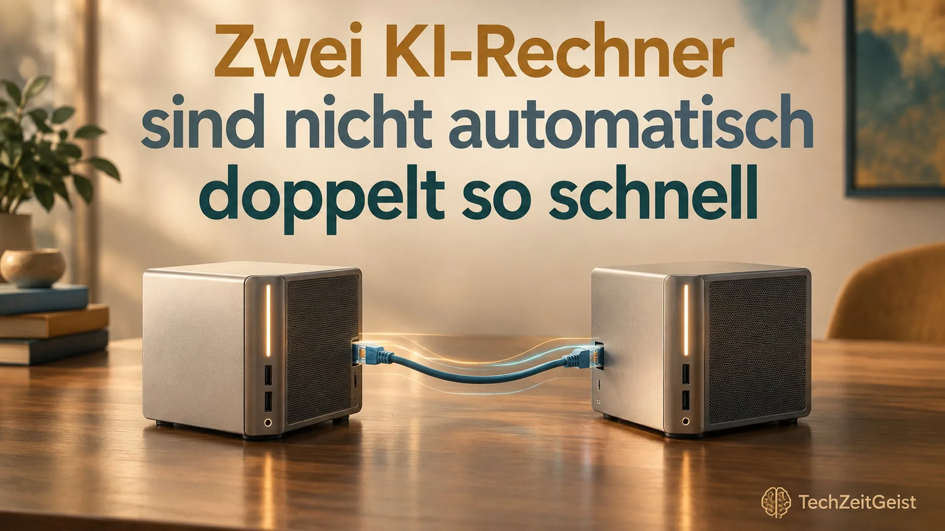 Zwei neutrale kompakte KI-Desktopcomputer auf einem Tisch, verbunden durch ein sichtbares Netzwerkkabel, dezente Lichtlinien zwischen den Gehäusen.