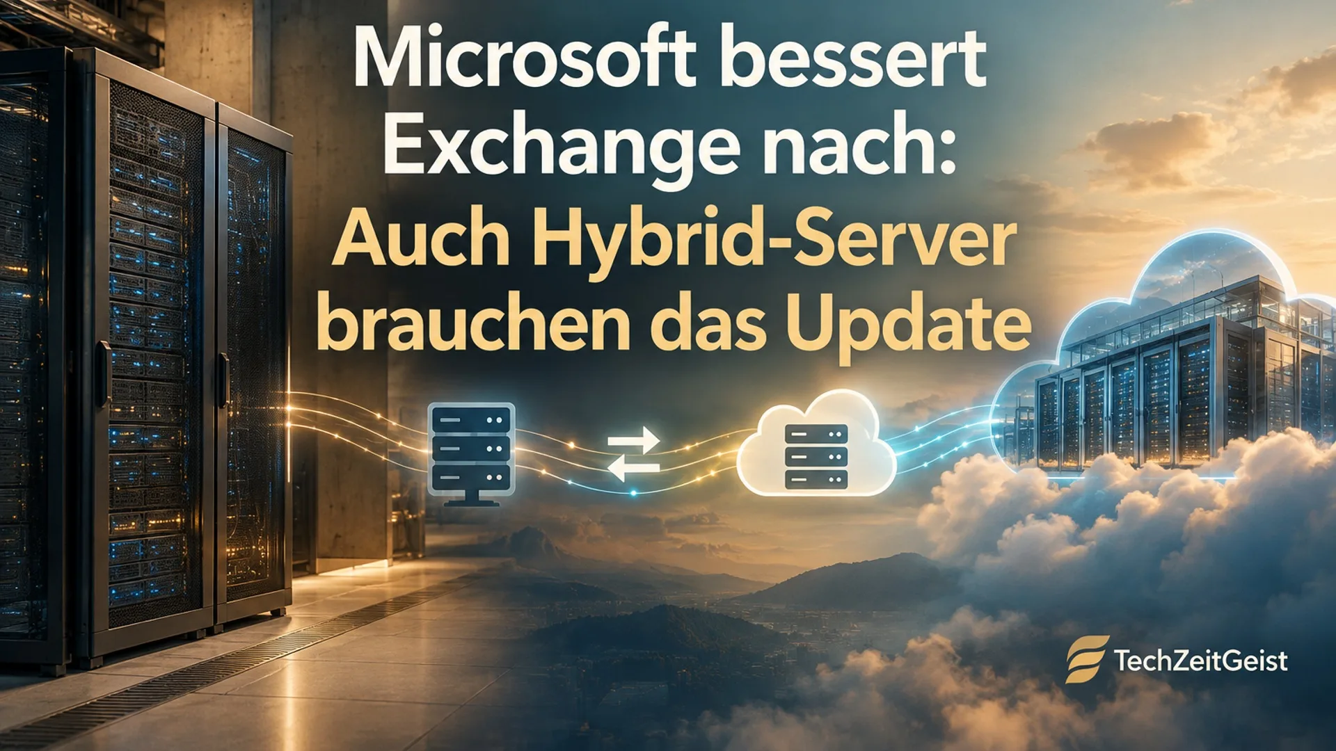 Eigener Mailserver im Technikraum, daneben ein getrenntes Cloud-Rechenzentrum; anschauliche Verbindung ohne Logos, keine erfundene Benutzeroberfläche.