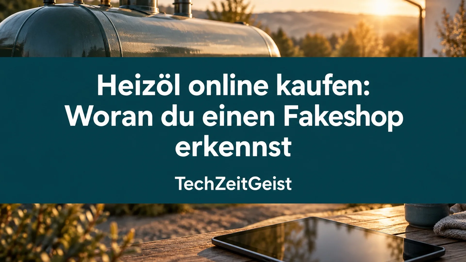 Heizöltank und Tablet mit der vollständigen Artikelüberschrift.