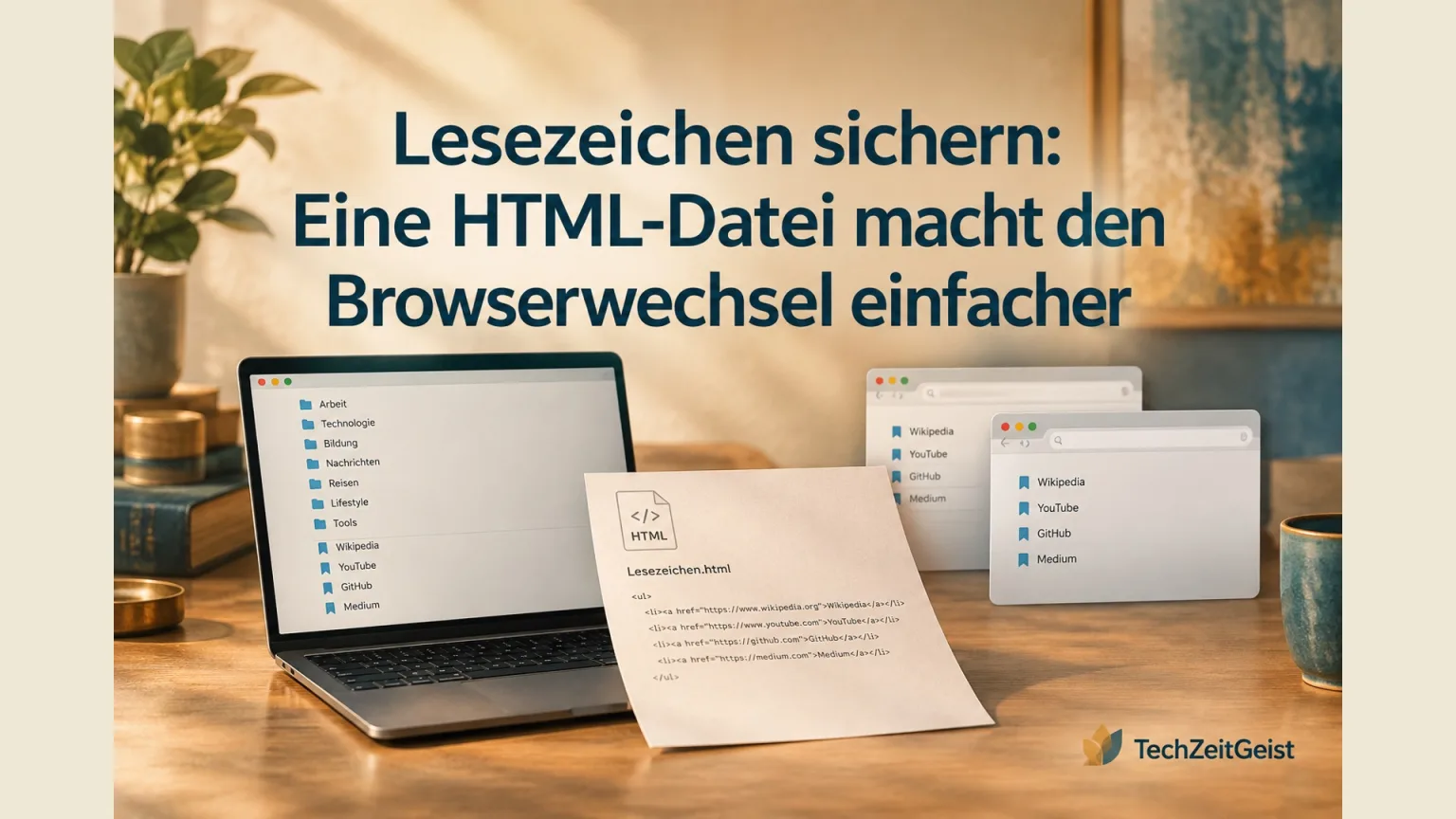 Laptop mit neutraler Lesezeichenordner-Liste und daneben eine einzelne einfache HTML-Datei als ausdruckbare Linkliste, zwei schlichte Browserfenster ohne Fremdlogos.