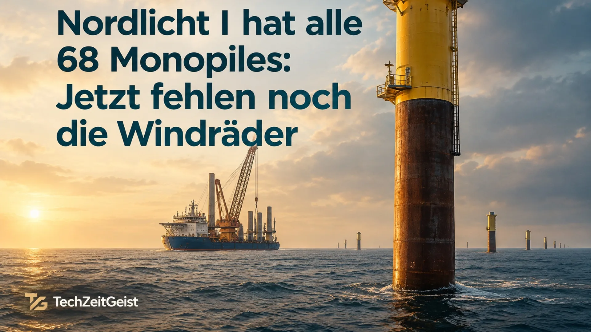 Offshore-Baustelle in der Nordsee, dominanter einzelner stählerner Monopile mit sichtbarem Übergangsstück, Installationsschiff und entfernte Fundamentstellen; keine bereits fertig bestückte Windfarm.