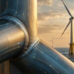 Nahaufnahme einer schematischen Stahlrohrverbindung mit sauberer Schweißnaht, dahinter ein Offshore-Windturm; dezente wechselnde Lastlinien, keine fingierten Risse an einem echten Bauwerk.