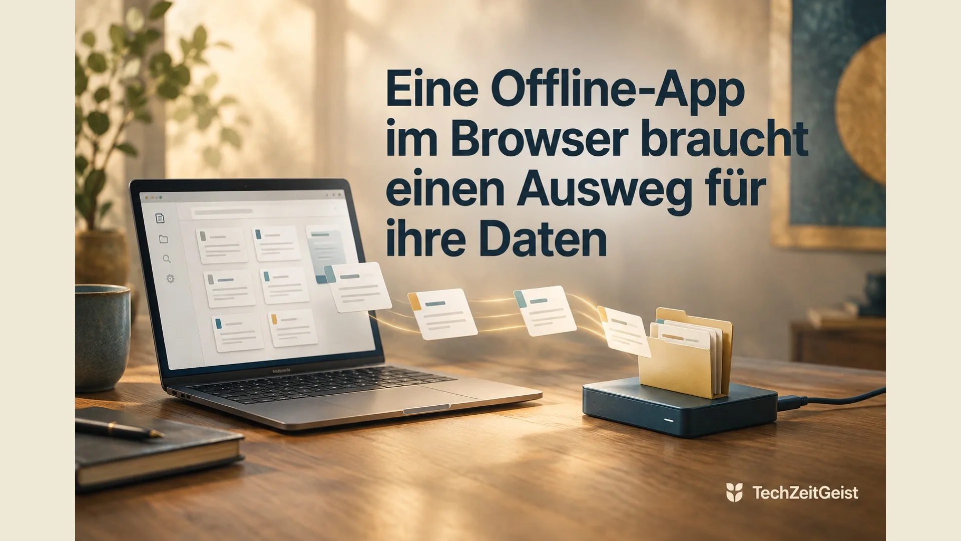 Auf einem Laptop liegt eine geöffnete neutrale Notiz-Webapp, ihre Dokumentkarten wandern in einen klar getrennten Ordner auf externem Datenträger; ruhige konkrete Speichermetapher ohne erfundene UI-Details.