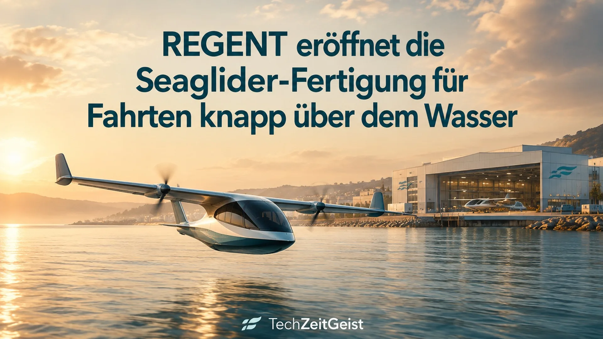 Symbolische Darstellung eines kleinen elektrischen Flügelboots knapp über einer ruhigen Küstenwasserfläche, breite Flügel und zurückhaltende Propeller, im Hintergrund Fertigungshalle am Ufer; kein exakter Produktnachbau.