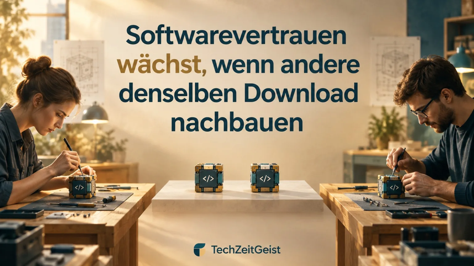 Zwei getrennte Werkbänke bauen aus denselben neutralen Bauplänen identische kleine Software-Bausteine, in der Mitte eine klare Vergleichsfläche; keine fingierten Prüfzertifikate.