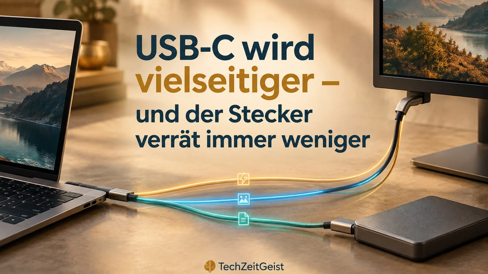 Mehrere äußerlich gleiche USB-C-Stecker verbinden Laptop, Monitor und externe Festplatte; einzelne farbige Bahnen für Daten, Bild und Strom, keine unzulässigen Herstellerlogos.