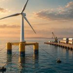 Symbolische schwimmende Windturbine mit Seilverankerung auf See und daneben wiederholte neutrale Modulbauteile am Hafen, kein realer neuer Windpark.