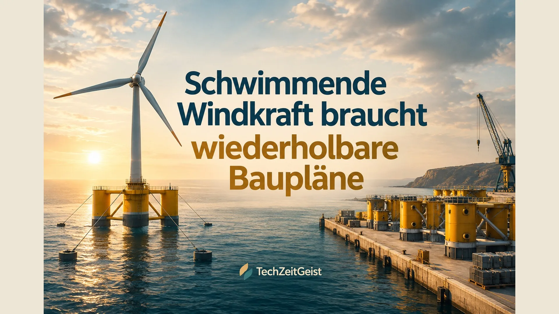 Symbolische schwimmende Windturbine mit Seilverankerung auf See und daneben wiederholte neutrale Modulbauteile am Hafen, kein realer neuer Windpark.