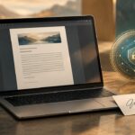PDF-Dokument auf Laptop, daneben eine separate handschriftliche Unterschriftgrafik und ein abstraktes kryptografisches Prüfsiegel; keine echten Personendaten oder gefälschte Zertifikate.