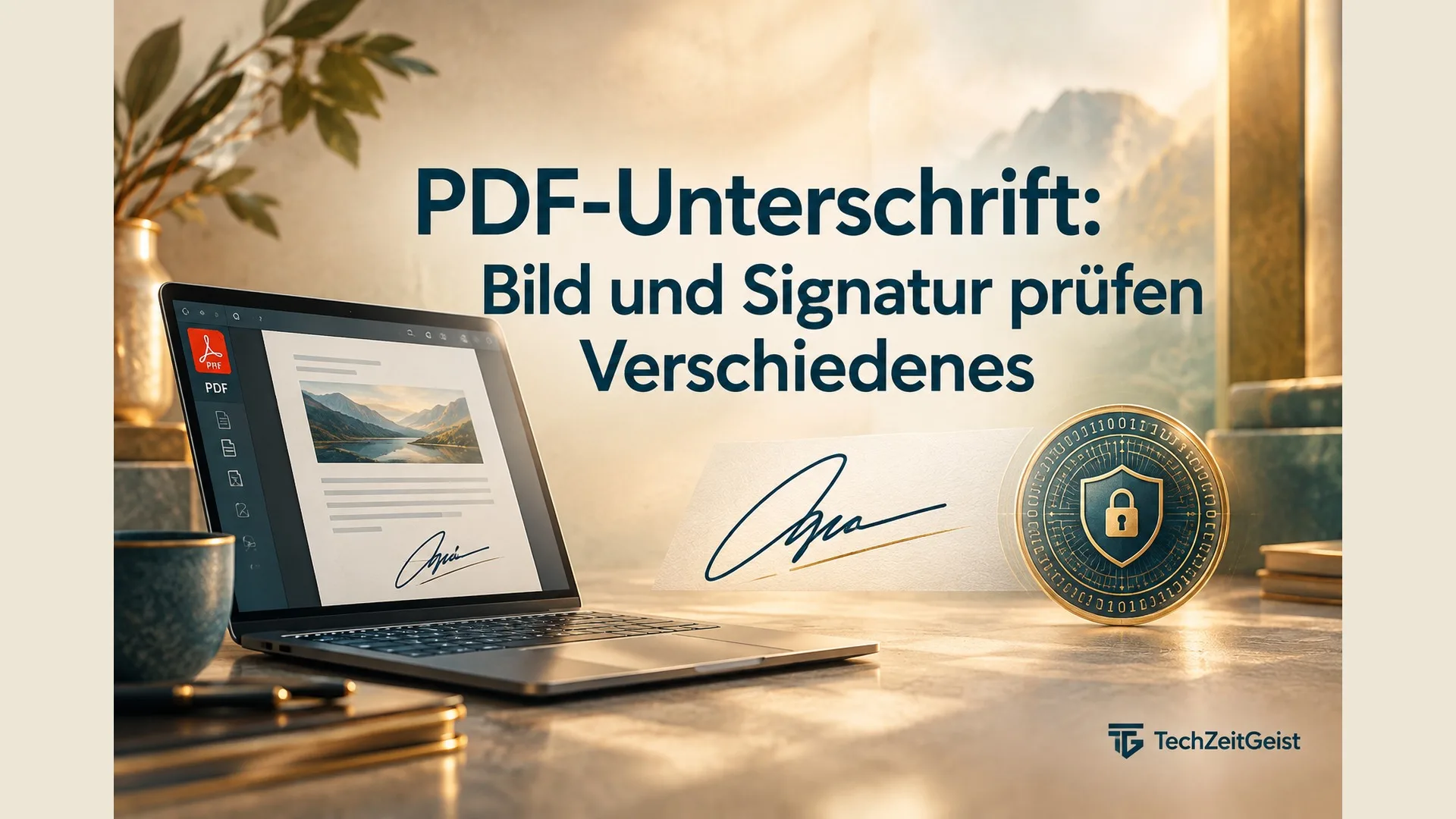 PDF-Dokument auf Laptop, daneben eine separate handschriftliche Unterschriftgrafik und ein abstraktes kryptografisches Prüfsiegel; keine echten Personendaten oder gefälschte Zertifikate.