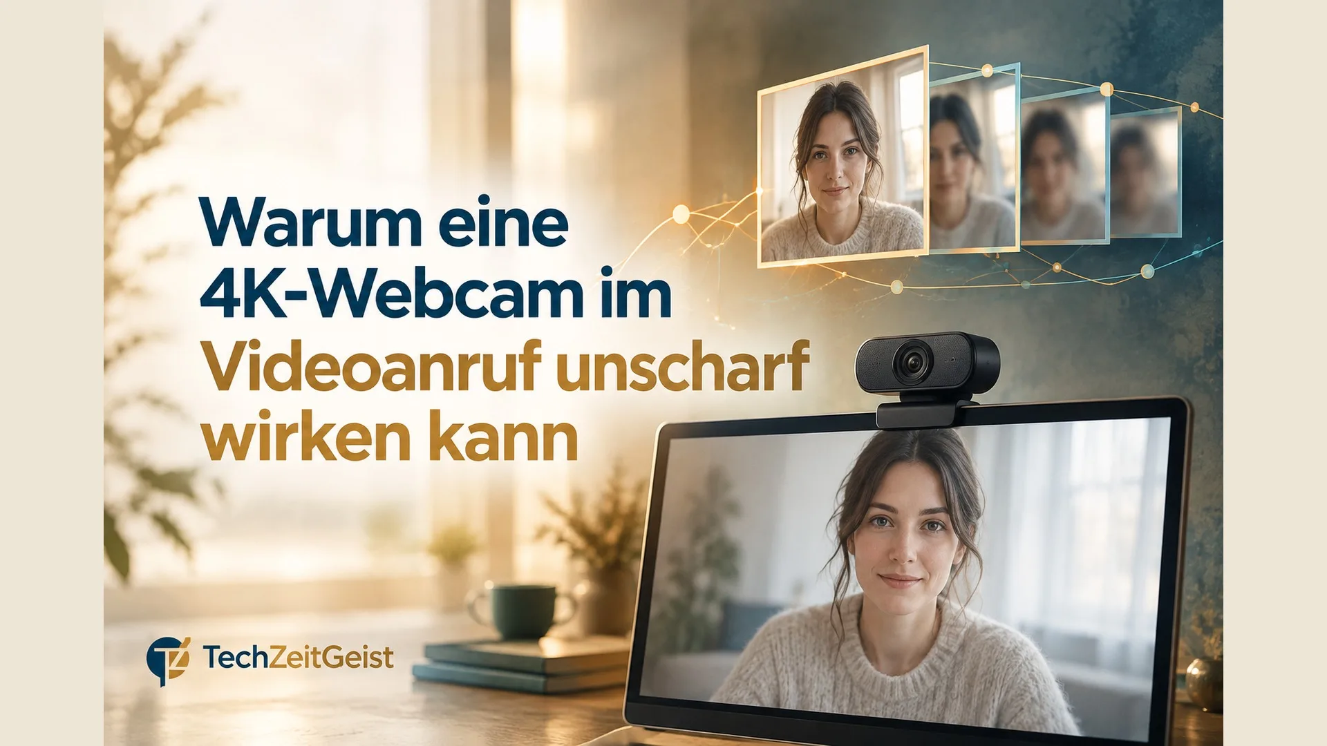Eine neutrale Webcam auf Monitor, Person vor weichem Fensterlicht, dazu abstrakte gestaffelte Bildrahmen entlang einer Netzwerkverbindung, kein künstliches Messergebnis.