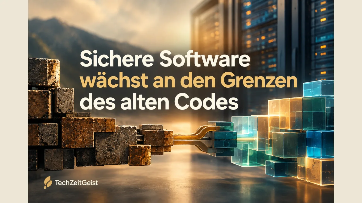 Alte und neue abstrakte Softwarebausteine treffen an einer sorgfältig konstruierten Verbindung aufeinander; realer Server im Hintergrund, keine lesbaren Codezeichen oder Logos.