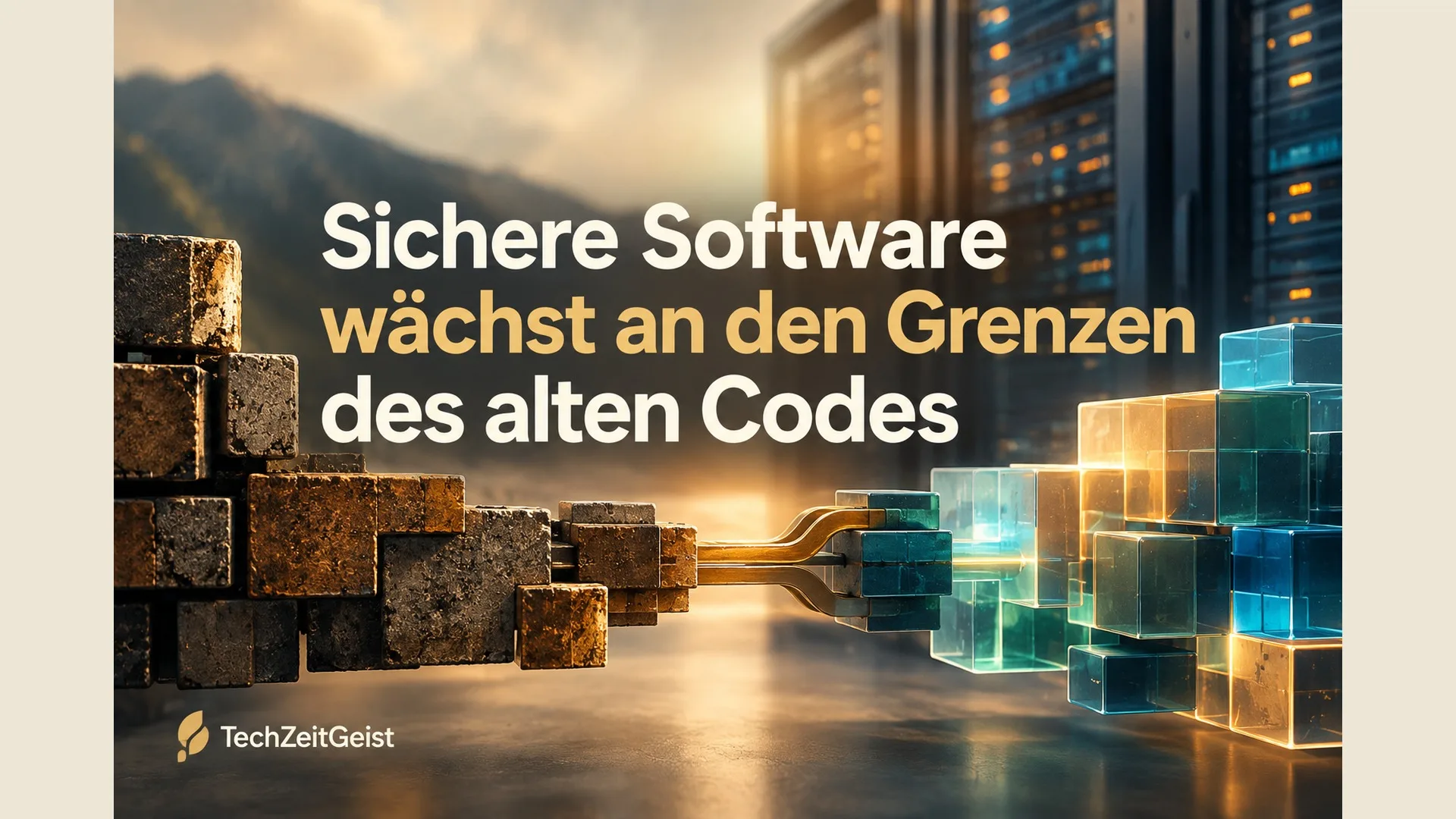 Alte und neue abstrakte Softwarebausteine treffen an einer sorgfältig konstruierten Verbindung aufeinander; realer Server im Hintergrund, keine lesbaren Codezeichen oder Logos.
