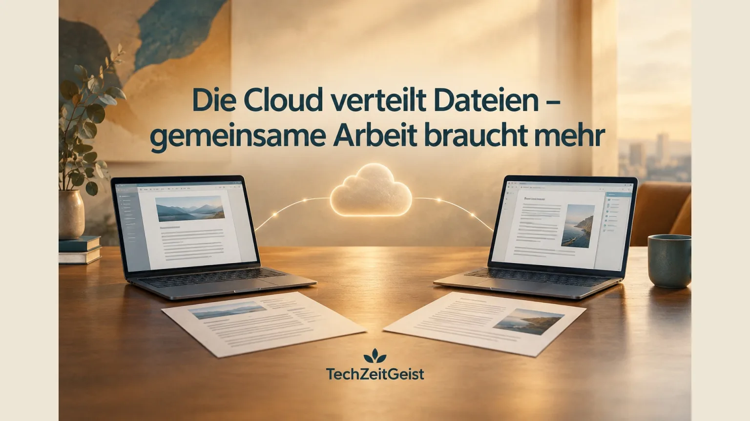 Zwei echte neutrale Laptops mit voneinander abweichenden Textseiten und zwei erhaltenen Dokumentkopien, verbunden über eine dezente Cloudform; keine Messwerte oder Anbieterlogos.