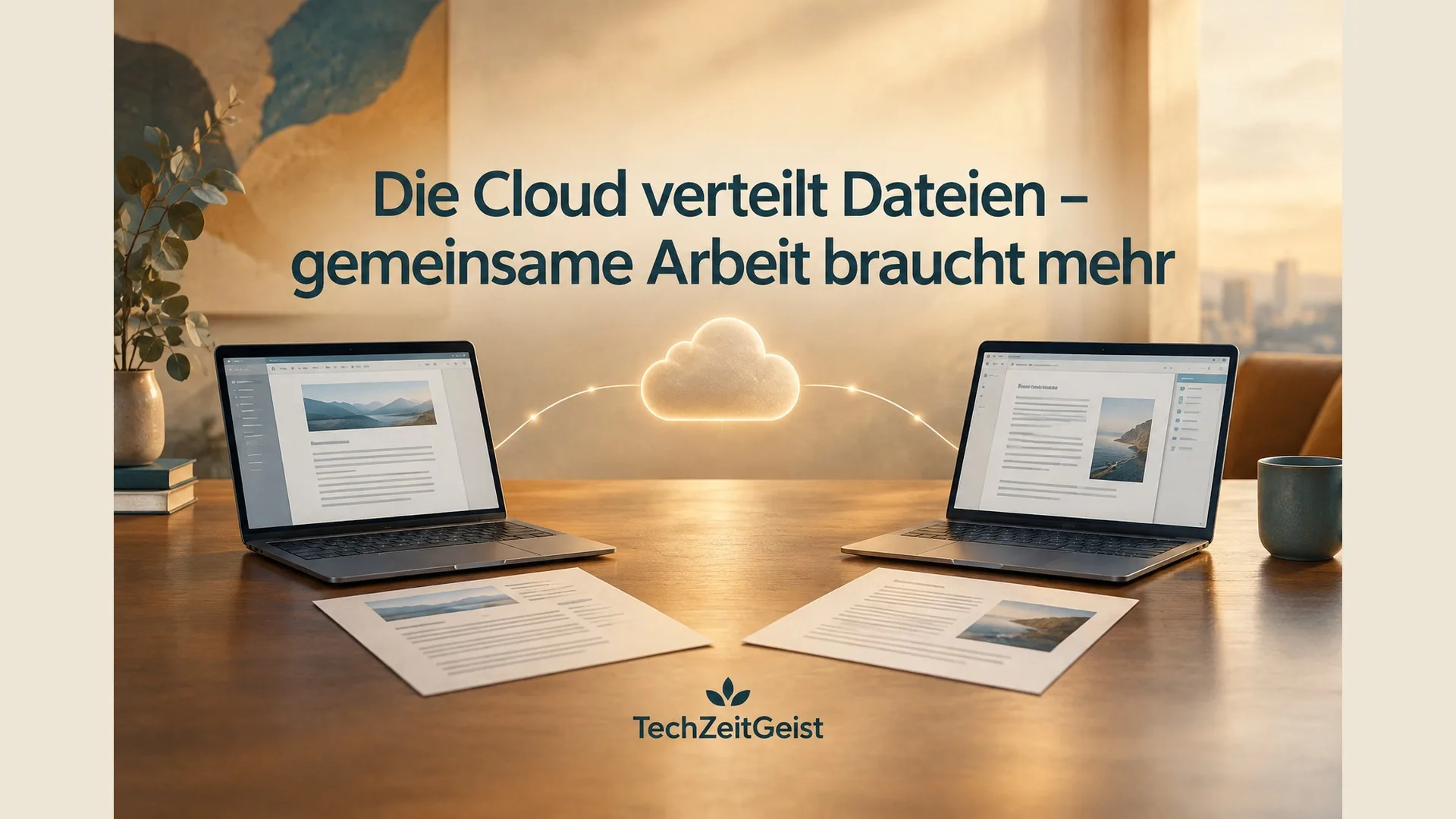 Zwei echte neutrale Laptops mit voneinander abweichenden Textseiten und zwei erhaltenen Dokumentkopien, verbunden über eine dezente Cloudform; keine Messwerte oder Anbieterlogos.