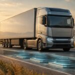 Symbolischer neutraler Elektro-Lkw fährt über Straße mit schematisch transparentem kurzen Abschnitt, darin flache Induktionsmodule; kein angeblich reales Serienprodukt, kein Markenlogo.