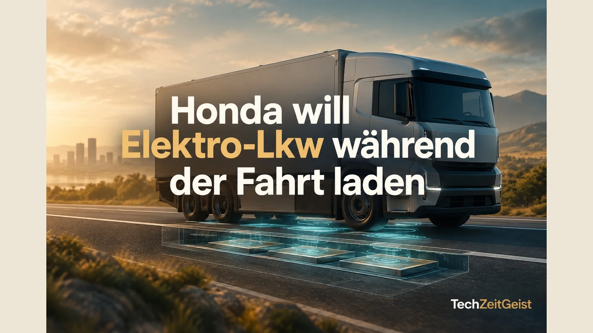 Symbolischer neutraler Elektro-Lkw fährt über Straße mit schematisch transparentem kurzen Abschnitt, darin flache Induktionsmodule; kein angeblich reales Serienprodukt, kein Markenlogo.