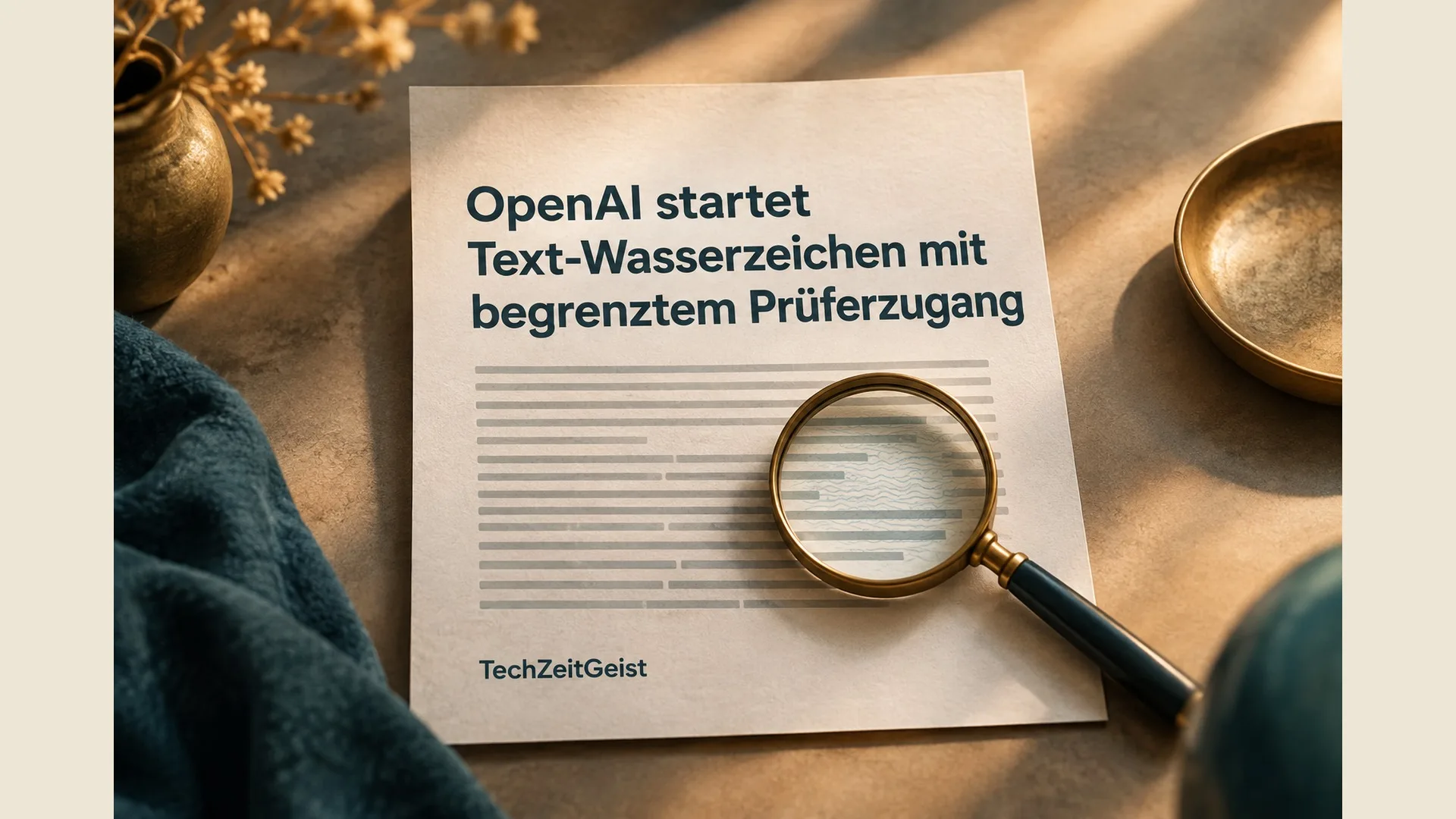 Ein einzelnes neutrales Blatt mit mehreren abstrakten Textzeilen und eine Lupe, die nur ein dezentes Muster zwischen den Zeilen hervorhebt. Wasserzeichen ist statistisch und unsichtbar, kein Stempel. Kein Globus, keine Weltkarte, keine Bücher, keine Balken, keine Kurven oder Diagramme, keine Logos. Dominantes Papiermotiv im Bildzentrum.