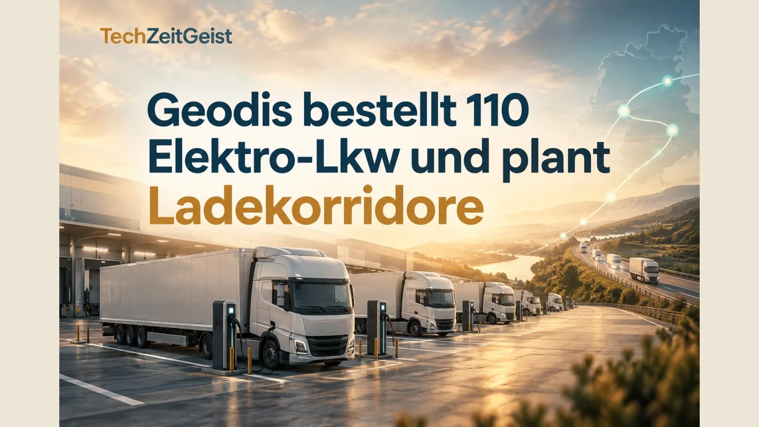 Mehrere neutrale Elektro-Sattelzüge auf einem Logistikhof an festen Ladeplätzen, dezent angedeutete Straßenverbindung; keine Logos und keine angeblich dokumentierte Lieferung.