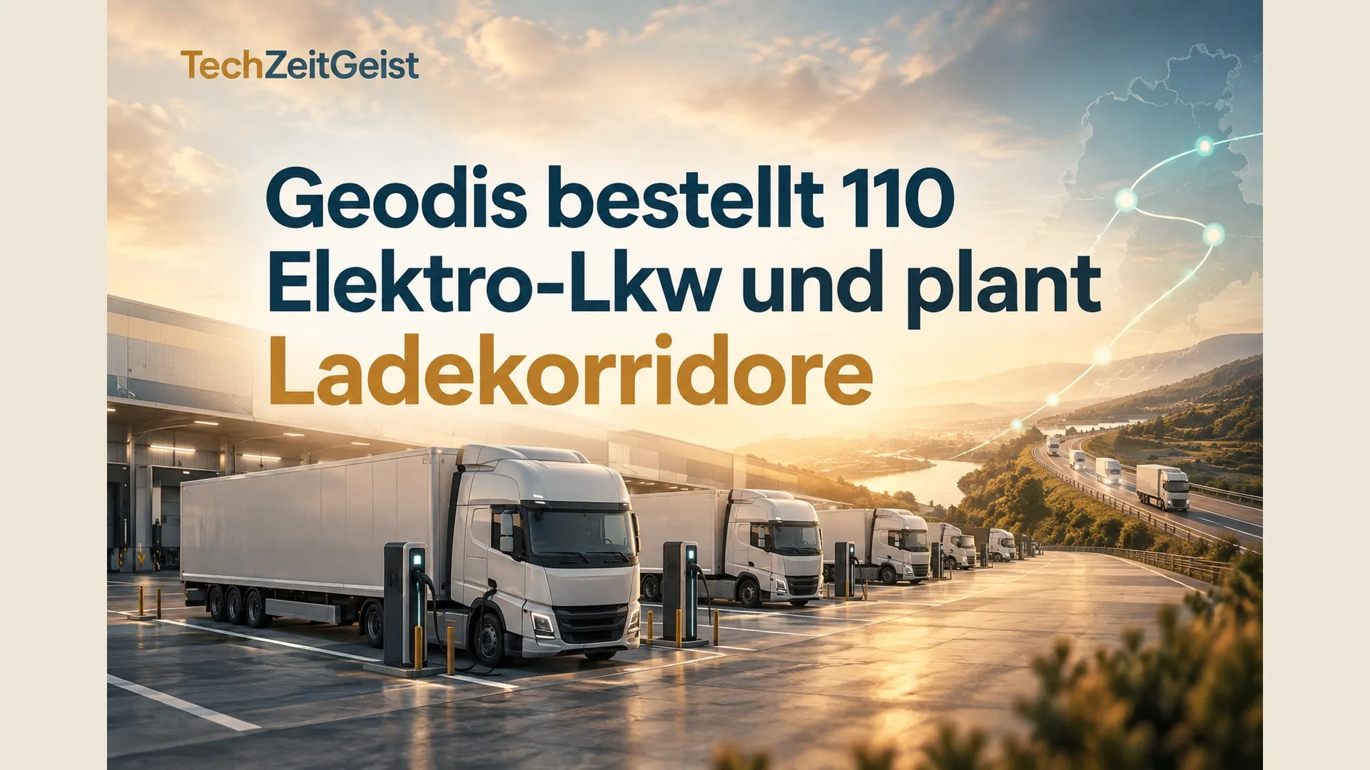 Mehrere neutrale Elektro-Sattelzüge auf einem Logistikhof an festen Ladeplätzen, dezent angedeutete Straßenverbindung; keine Logos und keine angeblich dokumentierte Lieferung.