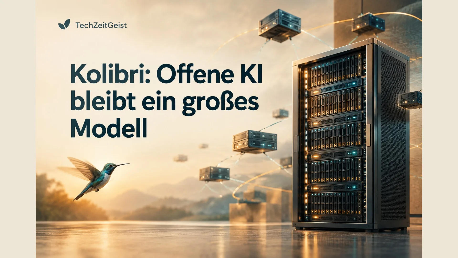 Ein realer Server mit viel Arbeitsspeicher neben einer schlichten deutschen Textseite; abstrakte verteilte Rechenmodule, keine erfundenen Produktlogos.