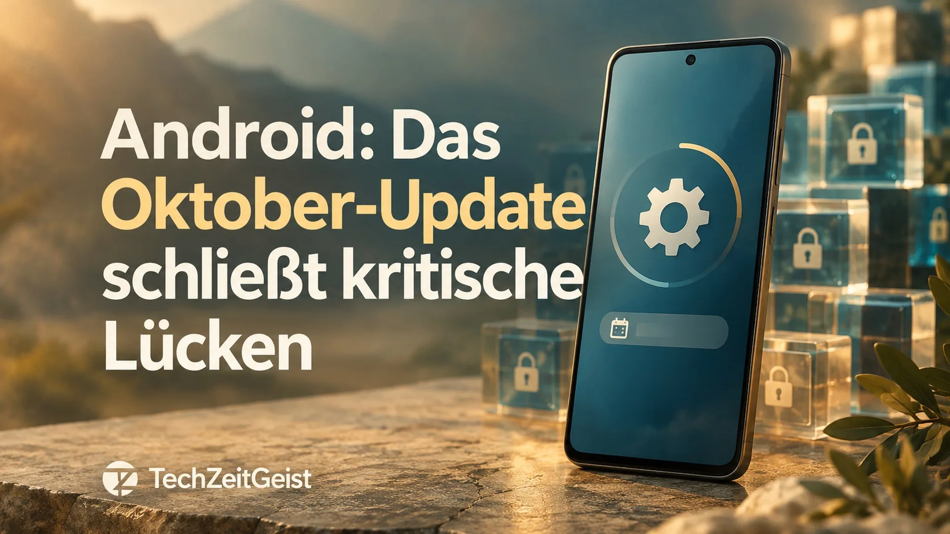 Android-Smartphone ohne Herstellerlogo mit neutralem Zahnrad und Datumsfeld ohne lesbaren Text; gesicherte Softwarebausteine im Hintergrund.