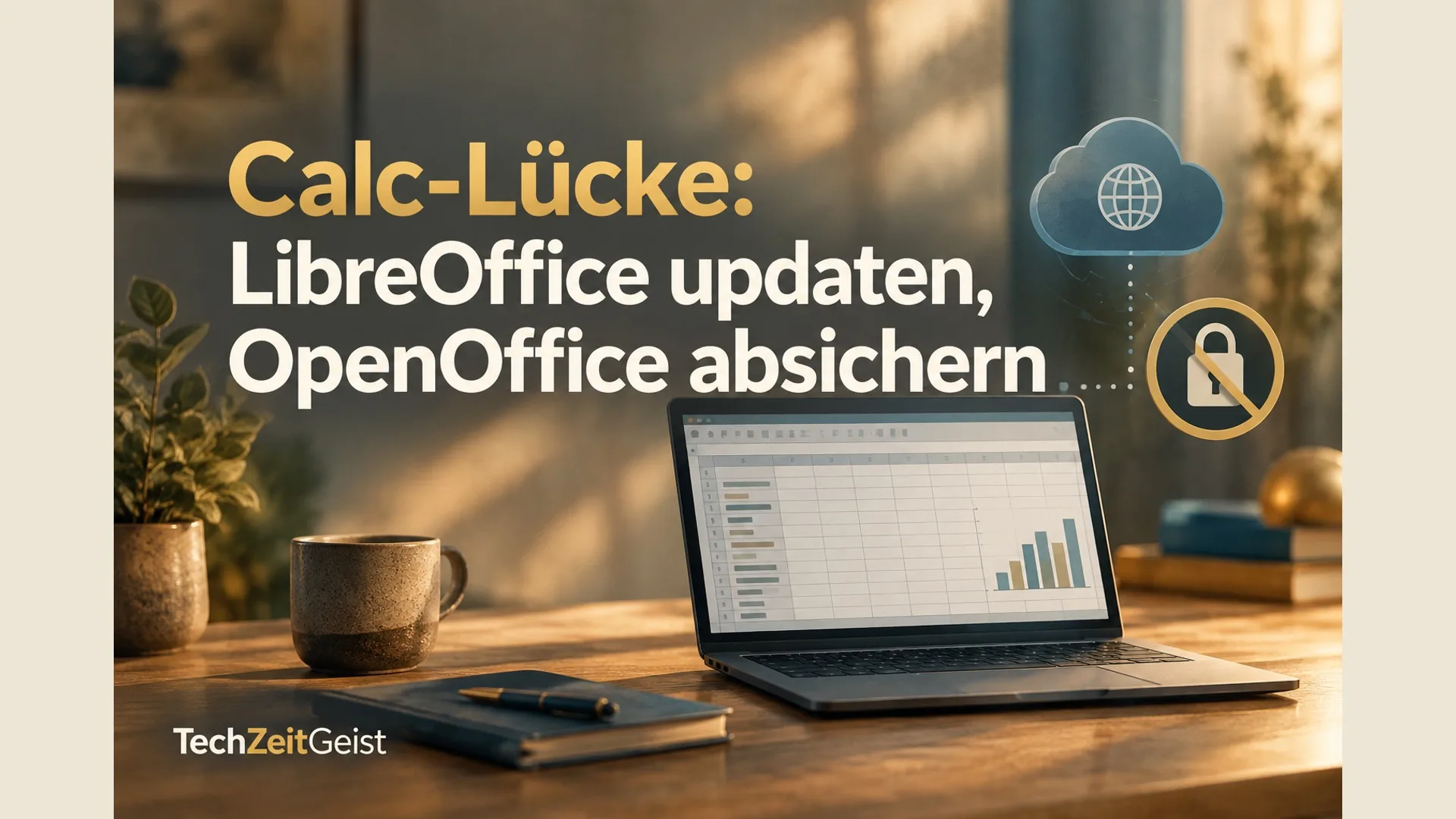 Laptop mit neutraler Kalkulationstabelle und abstrakter gesperrter externer Verbindung; kein lesbarer Code und keine Markenlogos.