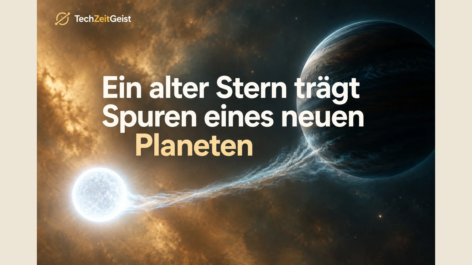 Fotorealistischer symbolischer Weißer Zwerg mit weitgehend dunklem Gasriesen und dünner abfließender Gasspur; astronomische Illustration, keine Beobachtungsaufnahme, keine erfundene Bewohnbarkeit.
