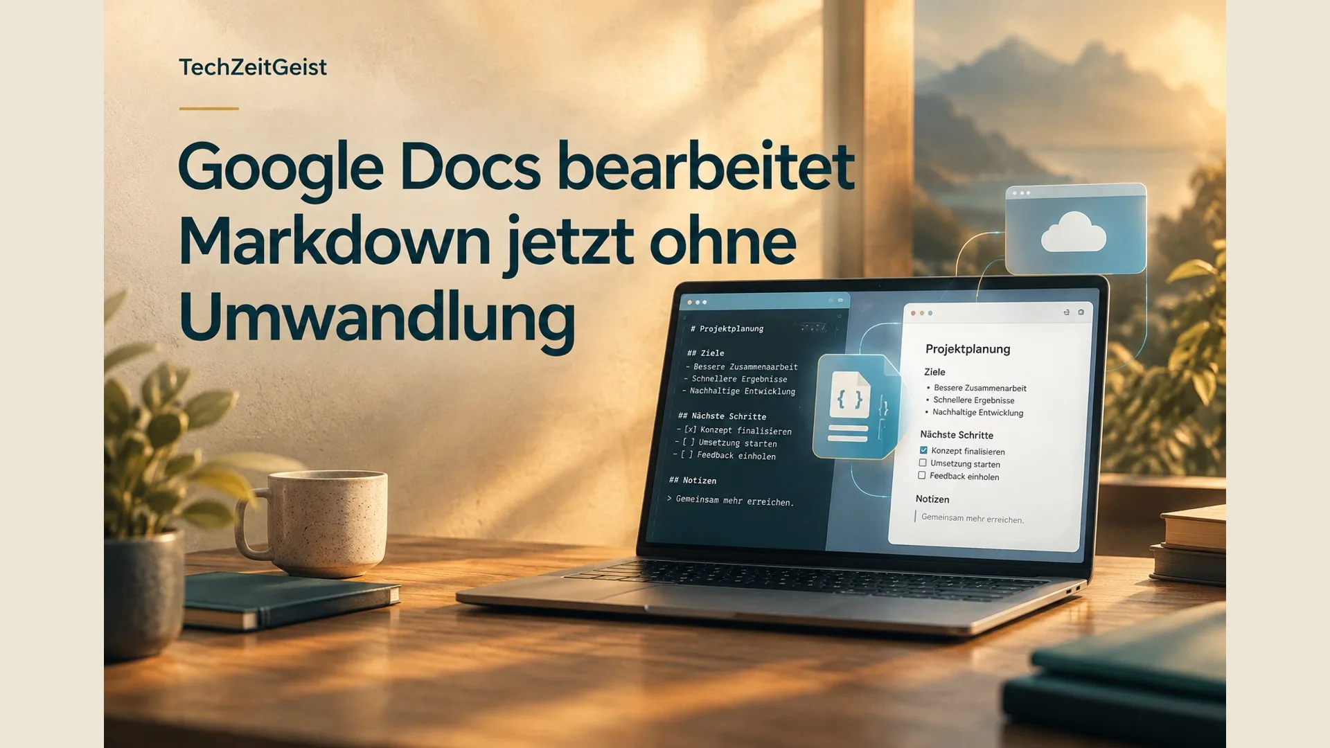 Schlichter Laptop mit gemeinsam bearbeitetem strukturierten Text, sichtbare abstrakte Datei zwischen Texteditor und Cloudfenster, keine Produktlogos.