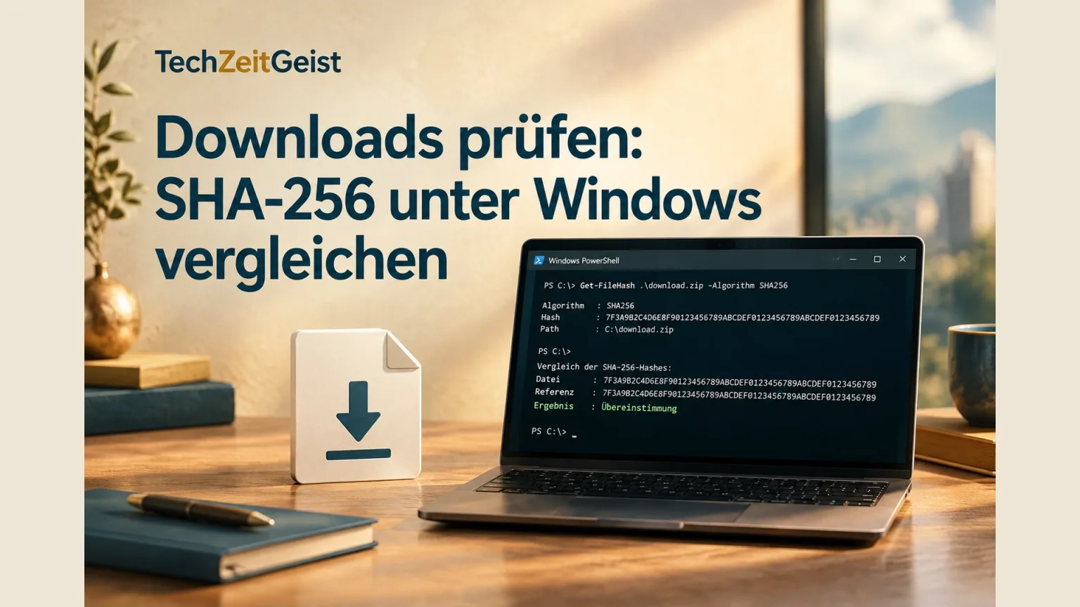 Download-Datei neben einer lesbaren neutralen Prüfsummenansicht auf Windows-ähnlichem Terminal ohne echte Schlüssel, abstrakter Vergleich zweier gleich langer Zeichenfolgen, keine erfundene Produktsicherheit.