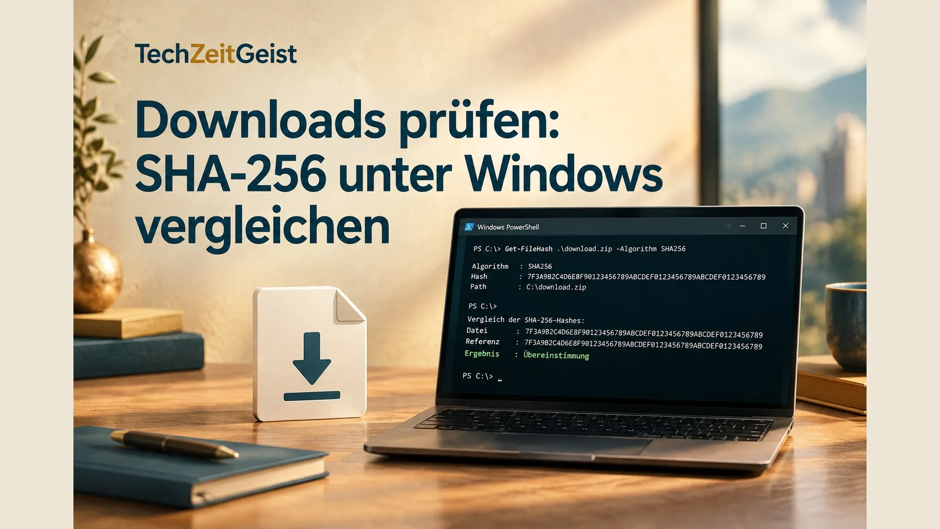 Download-Datei neben einer lesbaren neutralen Prüfsummenansicht auf Windows-ähnlichem Terminal ohne echte Schlüssel, abstrakter Vergleich zweier gleich langer Zeichenfolgen, keine erfundene Produktsicherheit.
