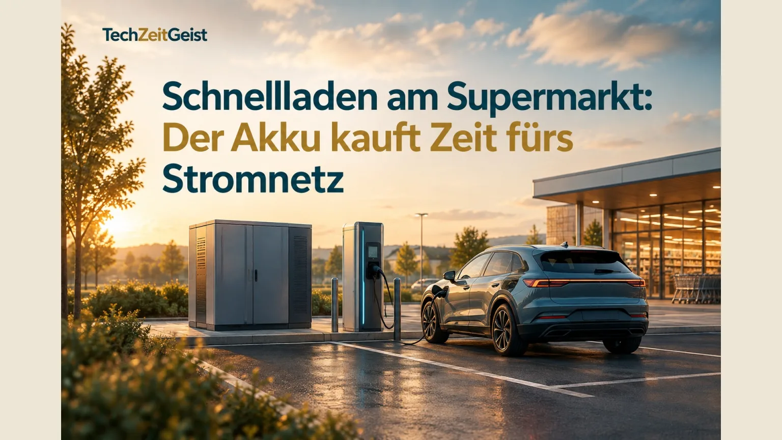 Fotorealistische Ladestation auf einem Supermarktparkplatz mit separat erkennbarem Batterieschrank und einem einzigen ladenden Auto, keine Markenlogos.