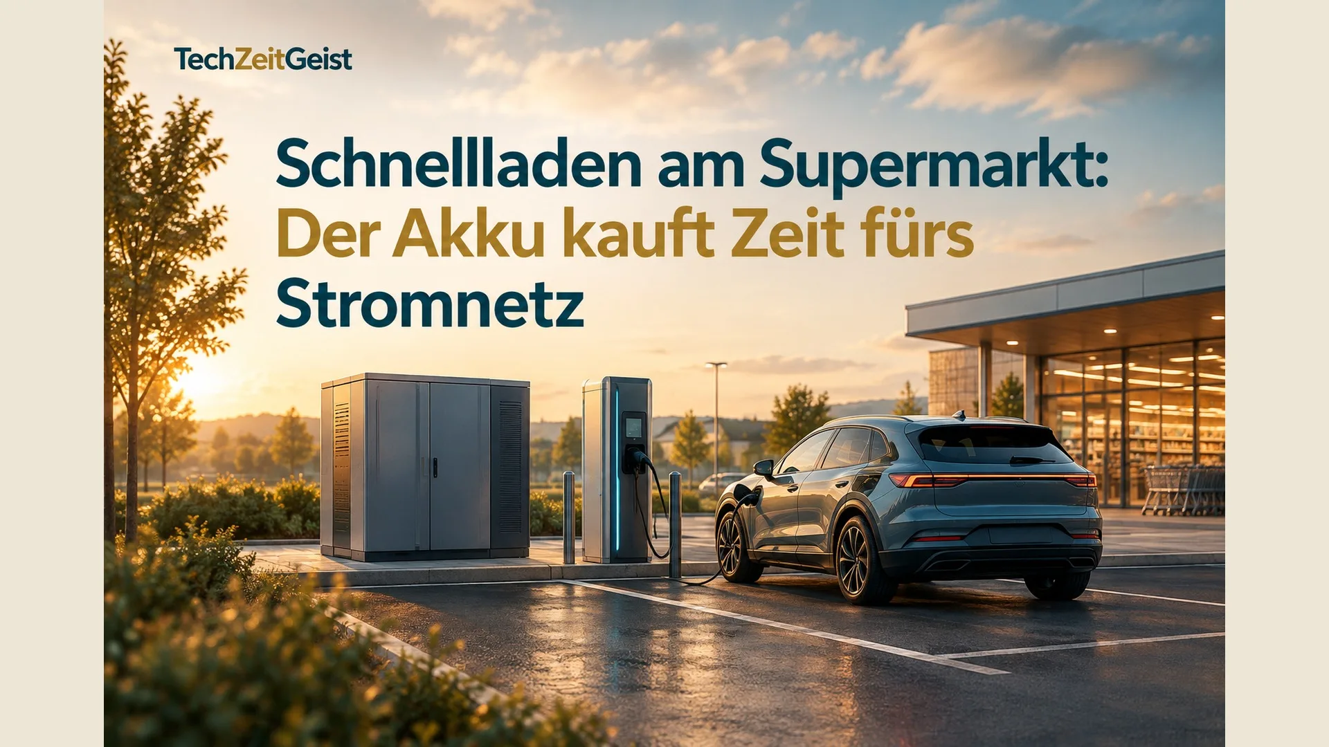 Fotorealistische Ladestation auf einem Supermarktparkplatz mit separat erkennbarem Batterieschrank und einem einzigen ladenden Auto, keine Markenlogos.