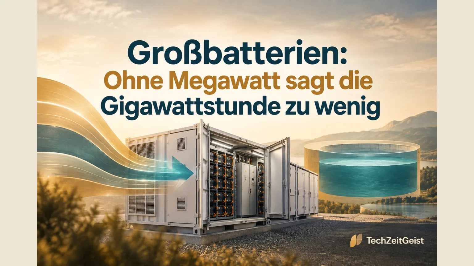 Fotorealistischer Batteriespeichercontainer mit geöffnetem Technikgang; zwei abstrakte grafische Elemente zeigen einen breiten Ausfluss und ein großes Reservoir, ohne Texte.