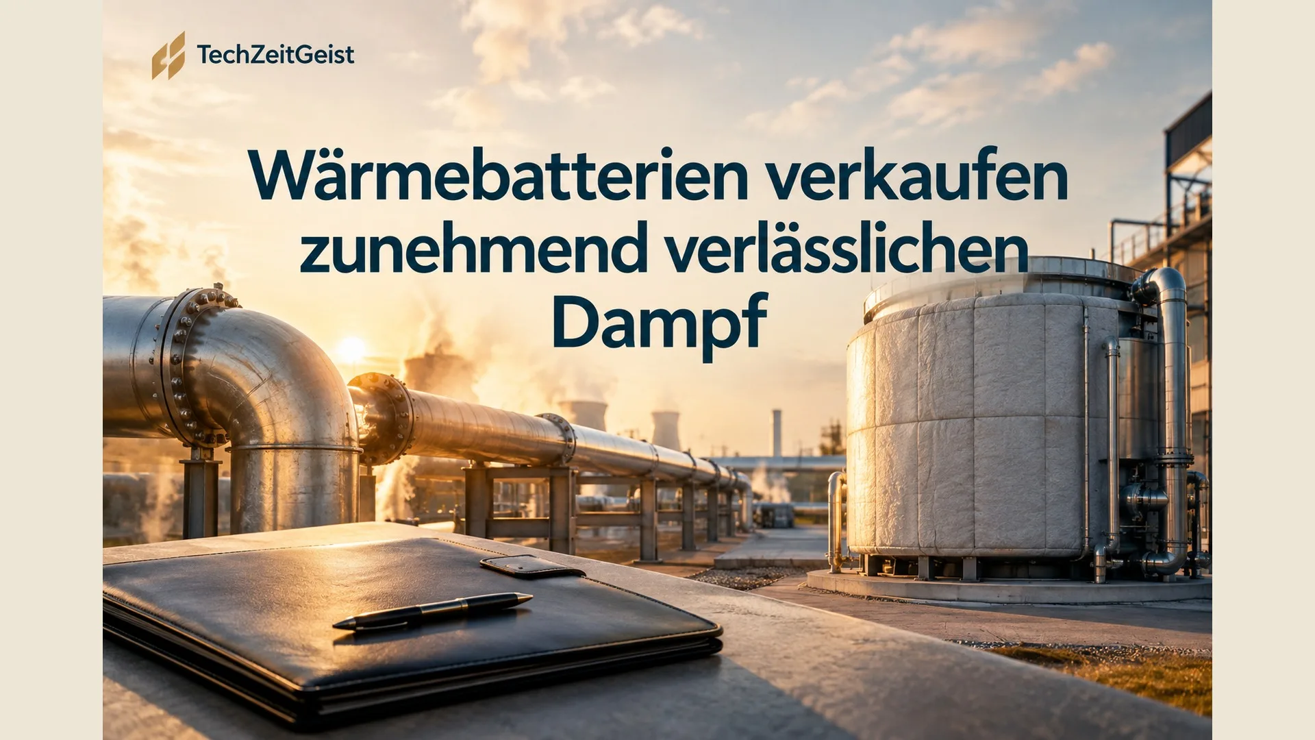 Fotorealistische industrielle Dampfleitung neben isoliertem Wärmespeichermodul in einem Fabrikgelände; im Vordergrund unbeschriftete Vertragsmappe.