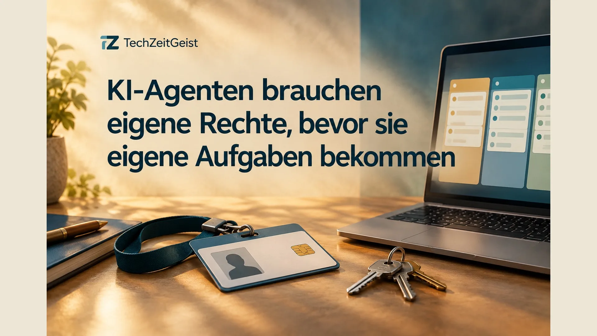 Fotorealistischer Büroausweis ohne Schrift neben Laptop mit getrennten, unbeschrifteten Aufgabenfeldern; wenige Schlüssel als technische Metapher.