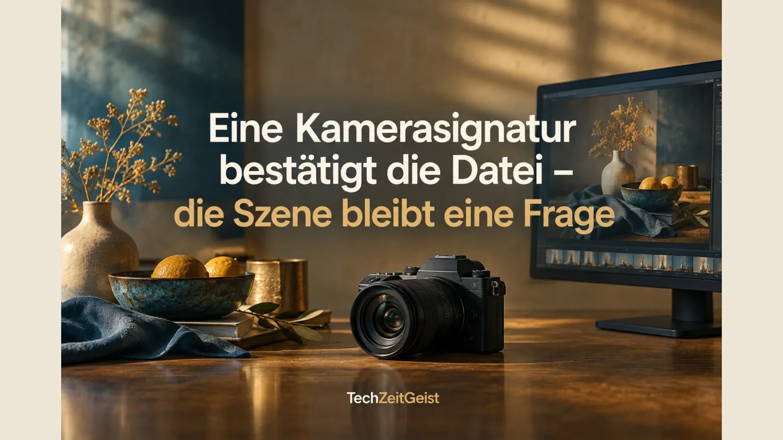 Fotorealistische professionelle Kamera zeigt auf ein Stillleben; daneben ein Monitor mit demselben Stillleben, die Kamera anonymisiert ohne Herstellerlogo.