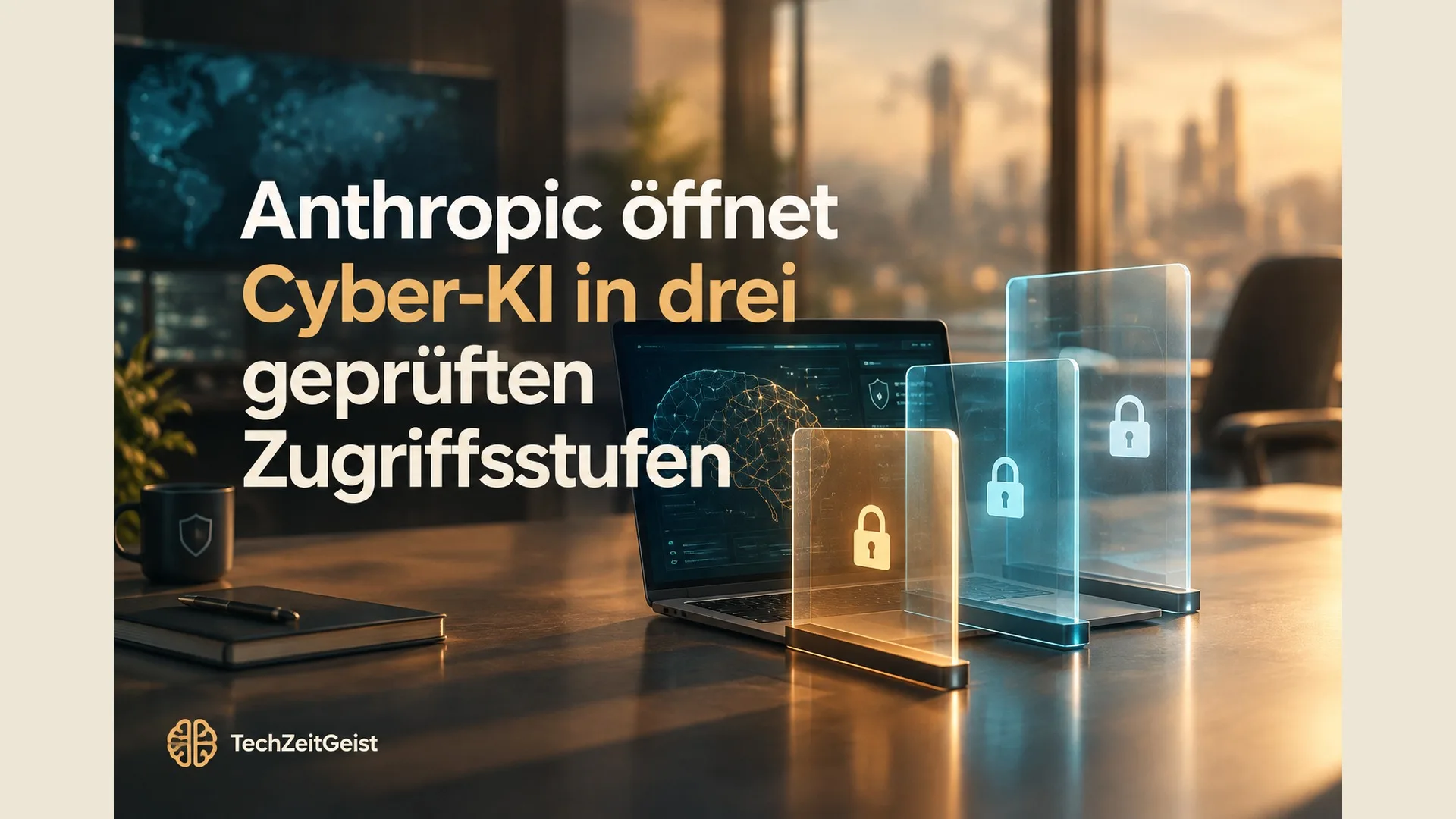 Ein Laptop an einem Sicherheitsteam-Arbeitsplatz, davor drei gestaffelte transparente Zugangstore als abstrakte grafische Metapher. Keine Hackerfigur.