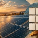 Fotorealistisches Solarmodulfeld mit niedrig stehender Herbstsonne, eine dezente Kalendercollage mit neun unbeschrifteten Blättern.