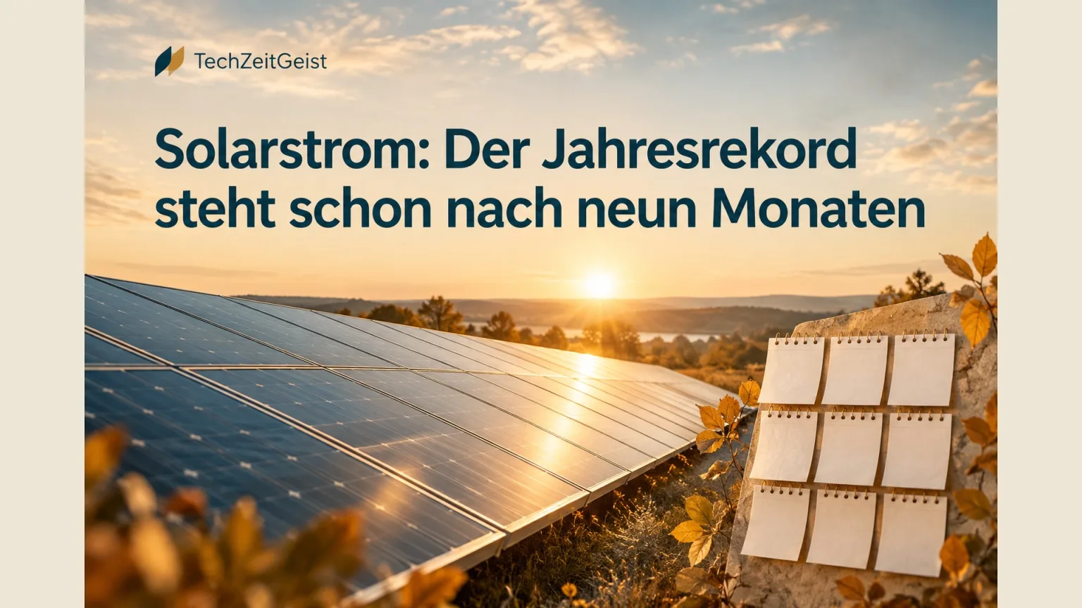 Fotorealistisches Solarmodulfeld mit niedrig stehender Herbstsonne, eine dezente Kalendercollage mit neun unbeschrifteten Blättern.