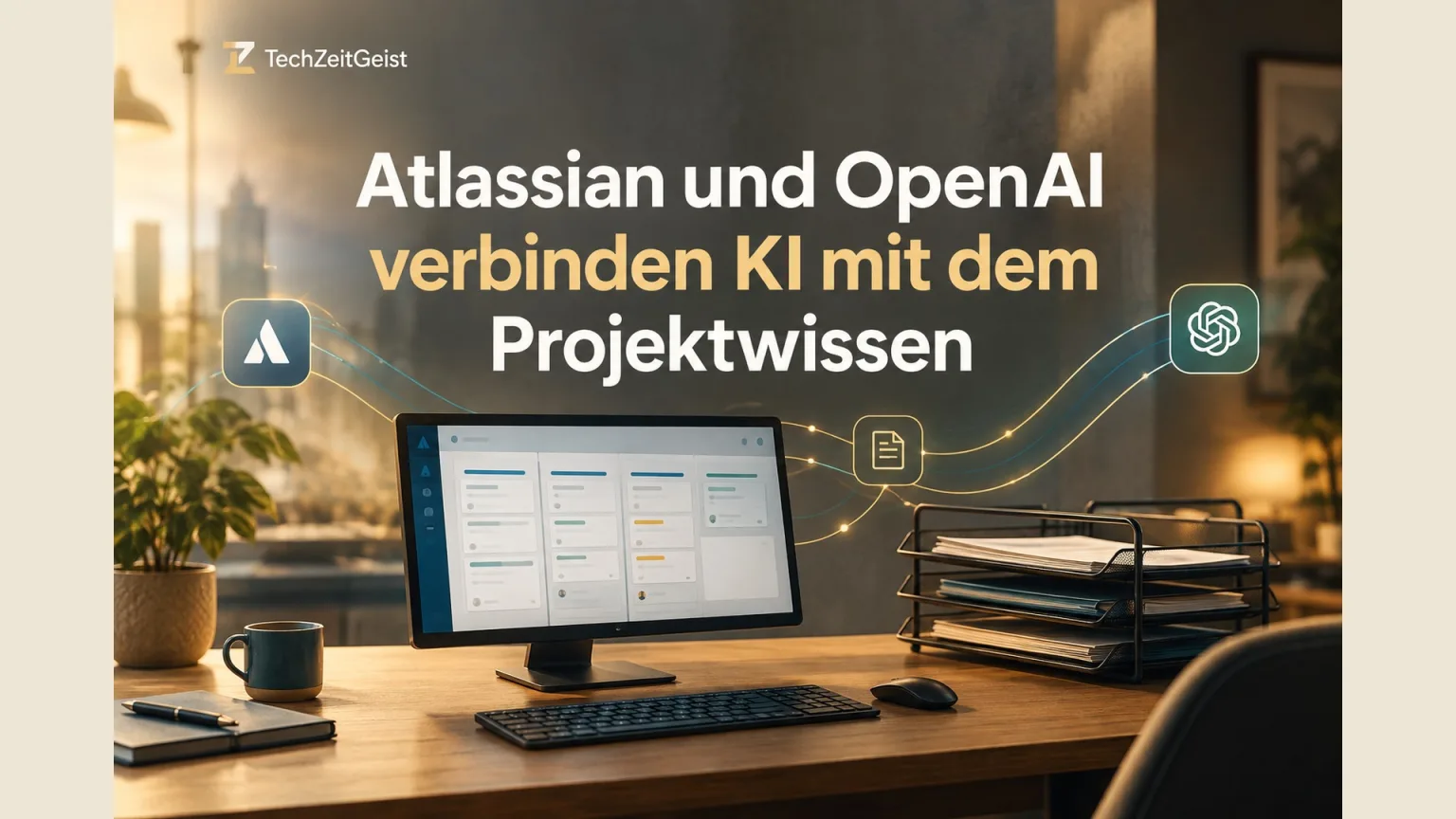 Fotorealistischer Büroarbeitsplatz, auf einem Monitor unbeschriftete Projektkarten und daneben eine Dokumentablage; klare verbindende graphische Linien.