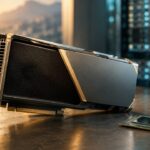 Eine dominante fotorealistische Rechenbeschleunigerkarte auf einem Tisch; dahinter kleiner einzelne Chip und unscharfer Server, keine erfundenen Produktspezifikationen.