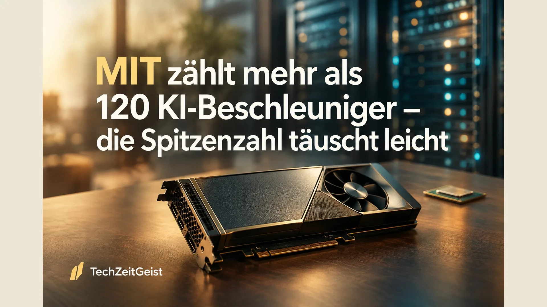Eine dominante fotorealistische Rechenbeschleunigerkarte auf einem Tisch; dahinter kleiner einzelne Chip und unscharfer Server, keine erfundenen Produktspezifikationen.