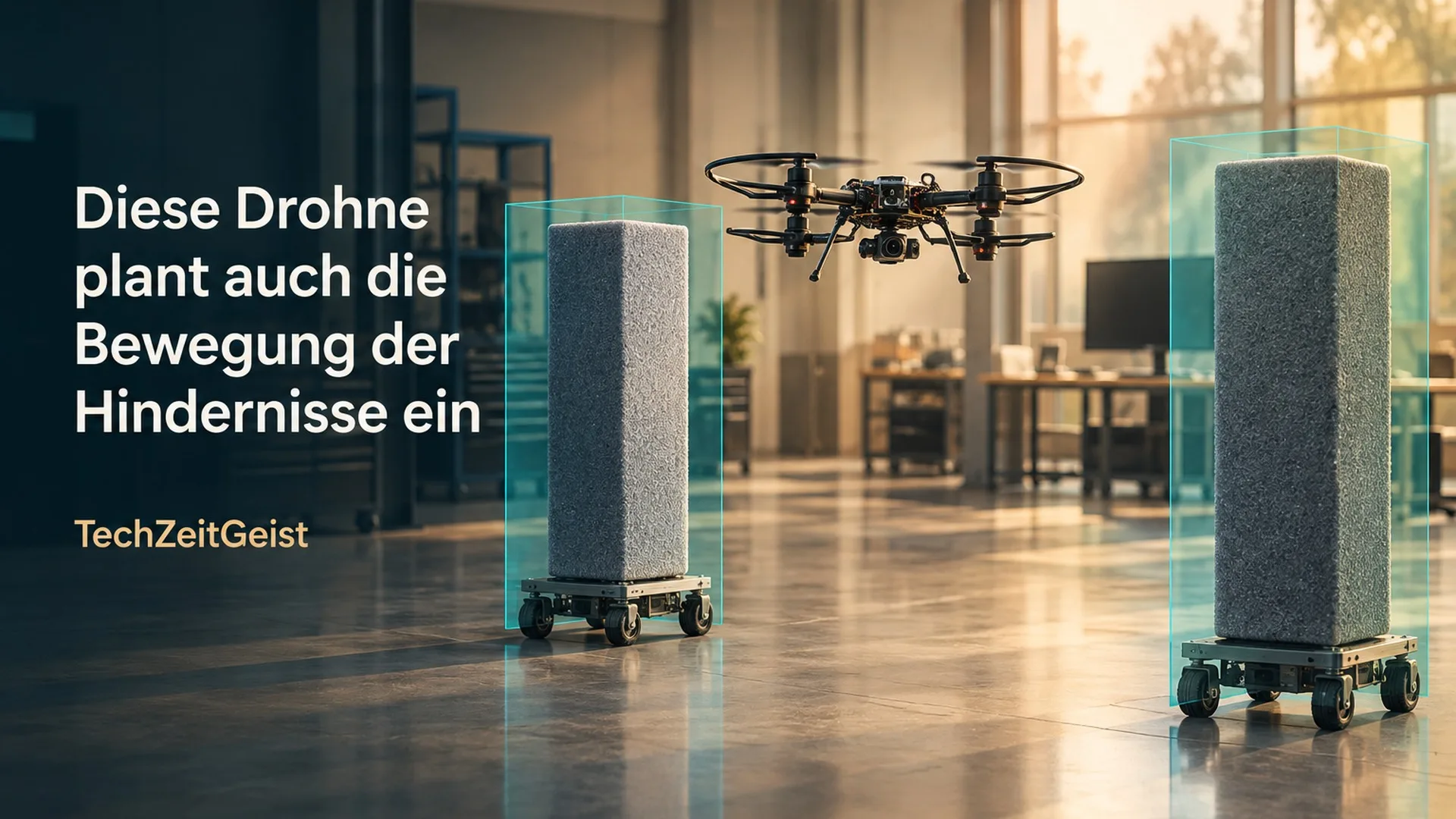 Illustration einer Forschungsdrohne zwischen Schaumstoffhindernissen auf fahrbaren Plattformen.