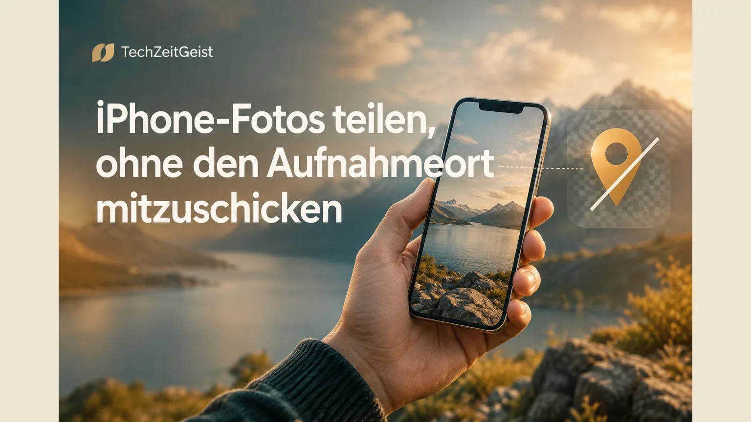 Fotorealistisches Smartphone in einer Hand mit neutralem Landschaftsfoto; ein einzelner grafischer Standortpin außerhalb des Fotos hinter einer transparenten Sperrfläche, keine erfundene Betriebssystemoberfläche.