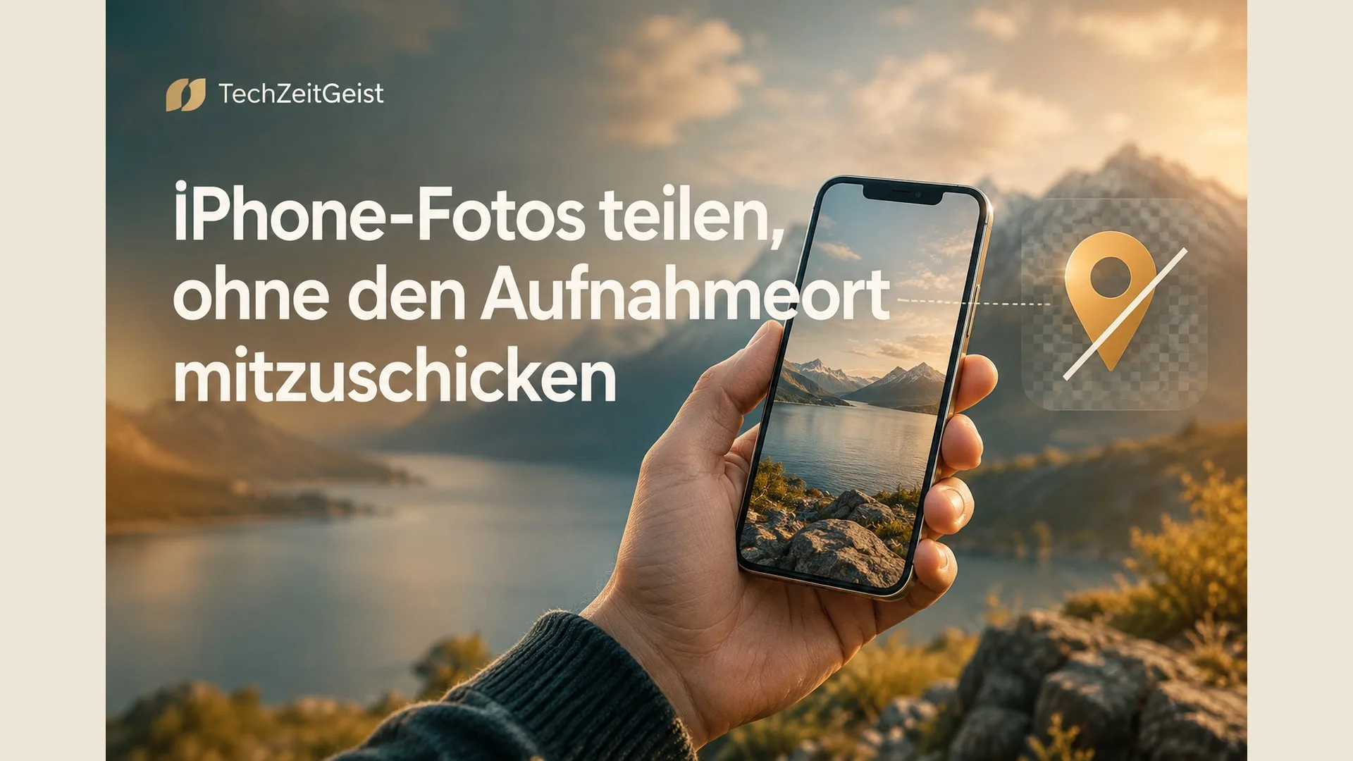 Fotorealistisches Smartphone in einer Hand mit neutralem Landschaftsfoto; ein einzelner grafischer Standortpin außerhalb des Fotos hinter einer transparenten Sperrfläche, keine erfundene Betriebssystemoberfläche.