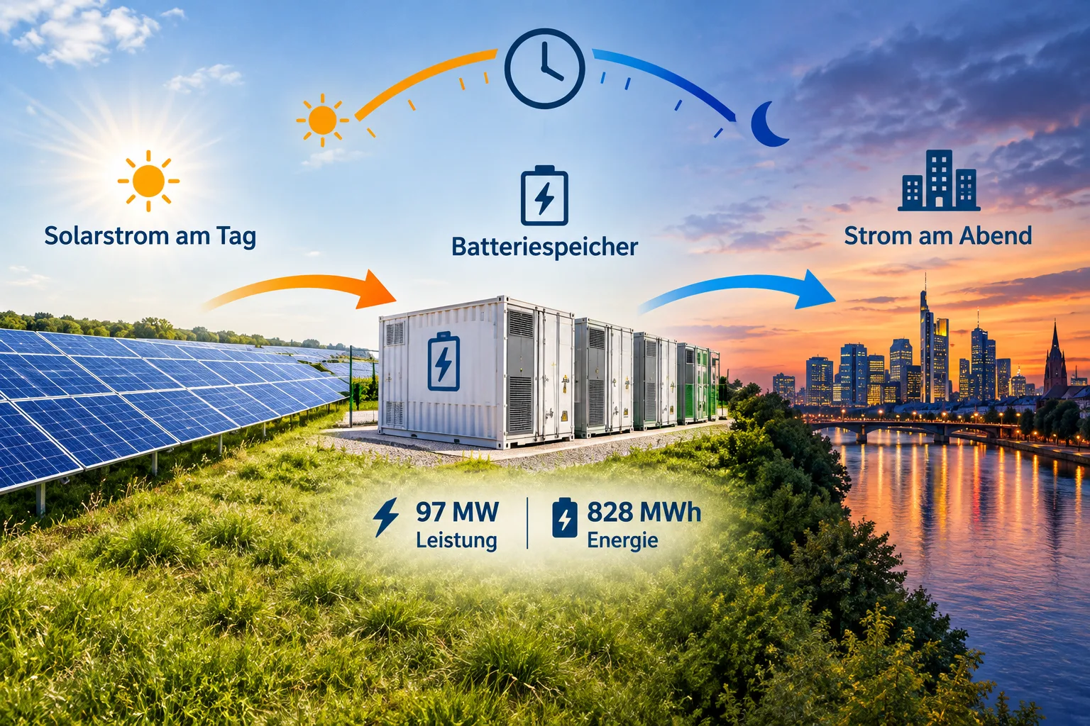 Schematischer Energiefluss von Solarstrom am Tag über einen Batteriespeicher zum Verbrauch am Abend